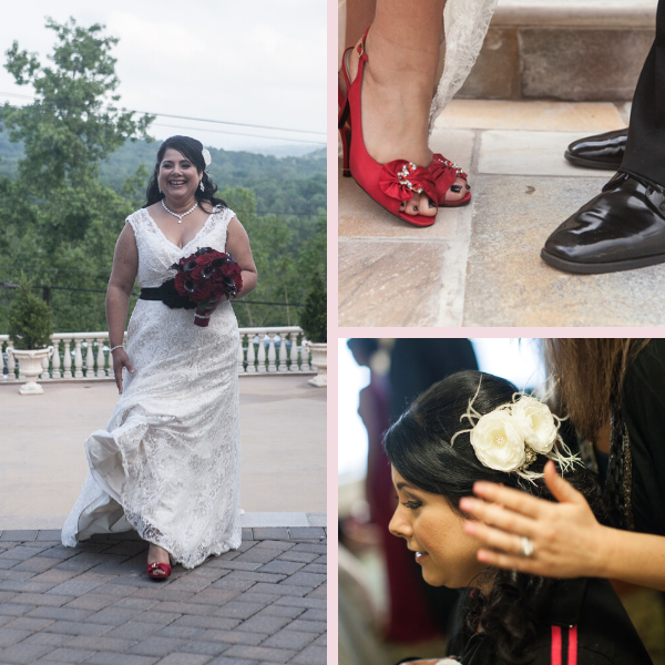Compilation of red and black wedding pictures; bride, shoes and hairstyle