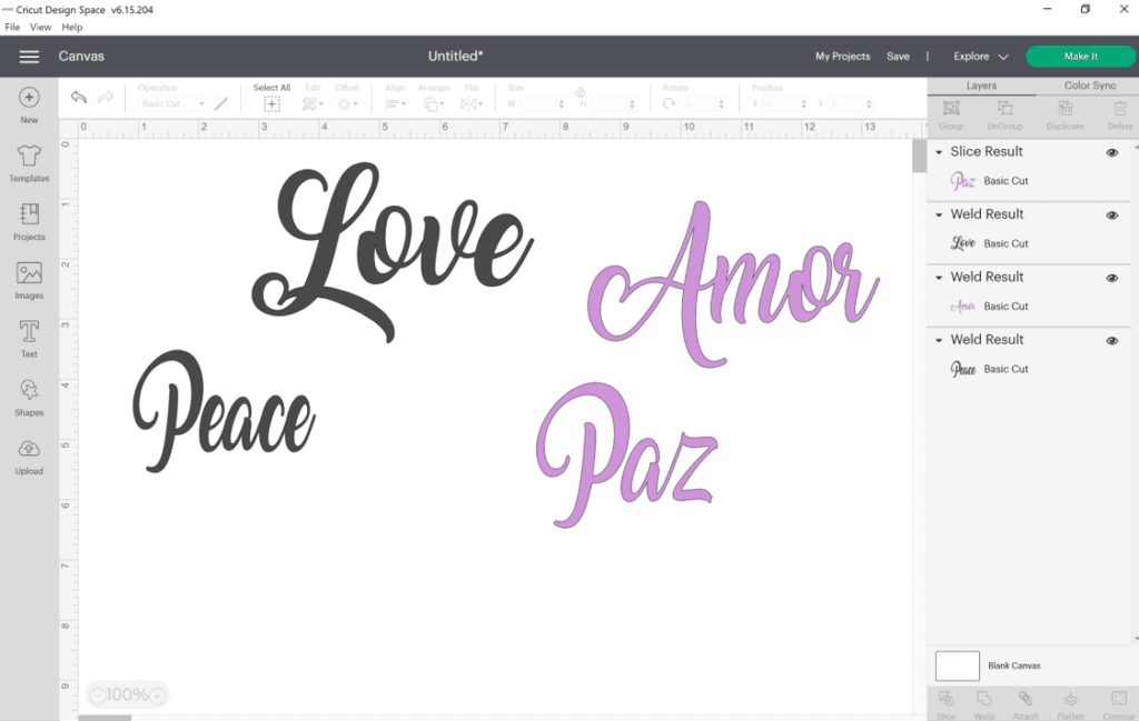 Cricut design space canvas with the words Love, Peace, Amor and Paz in the Amarillo font