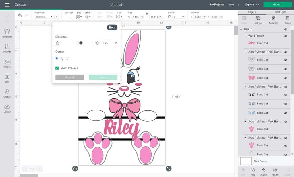 Bunny image on Cricut Design Space showing Offset menu options